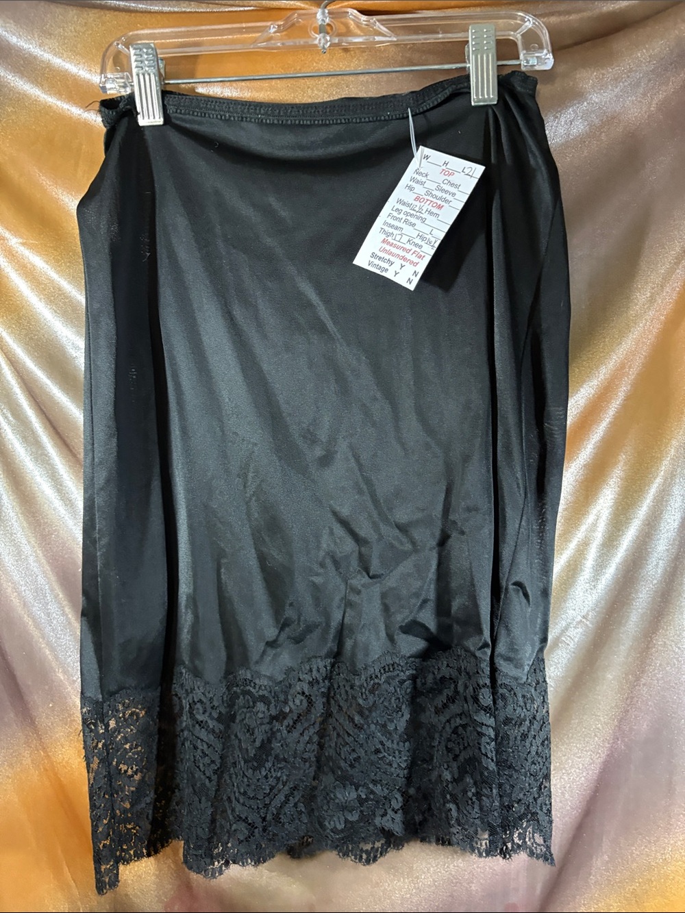 Vintage “American Made” Black Midi Slip Skirt with Lace Hem. BB